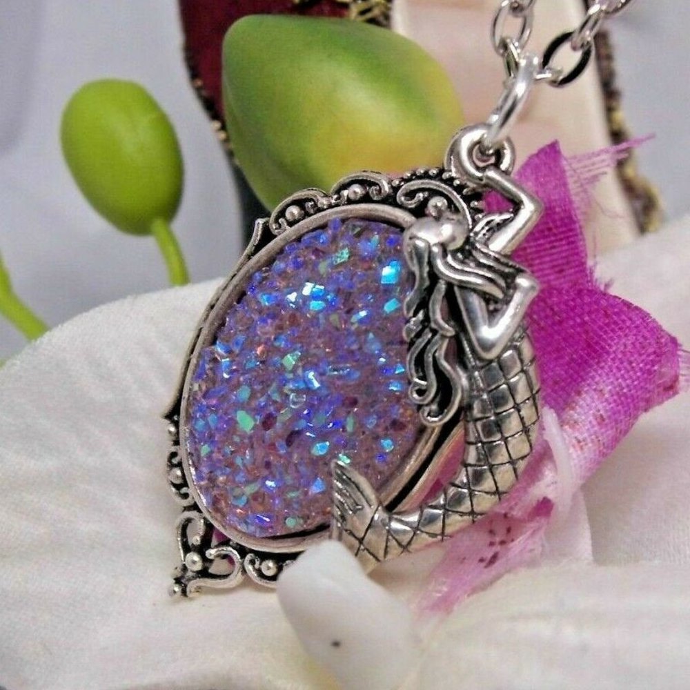 Mermaid Silver Necklace Purple Druzy Cameo Charm